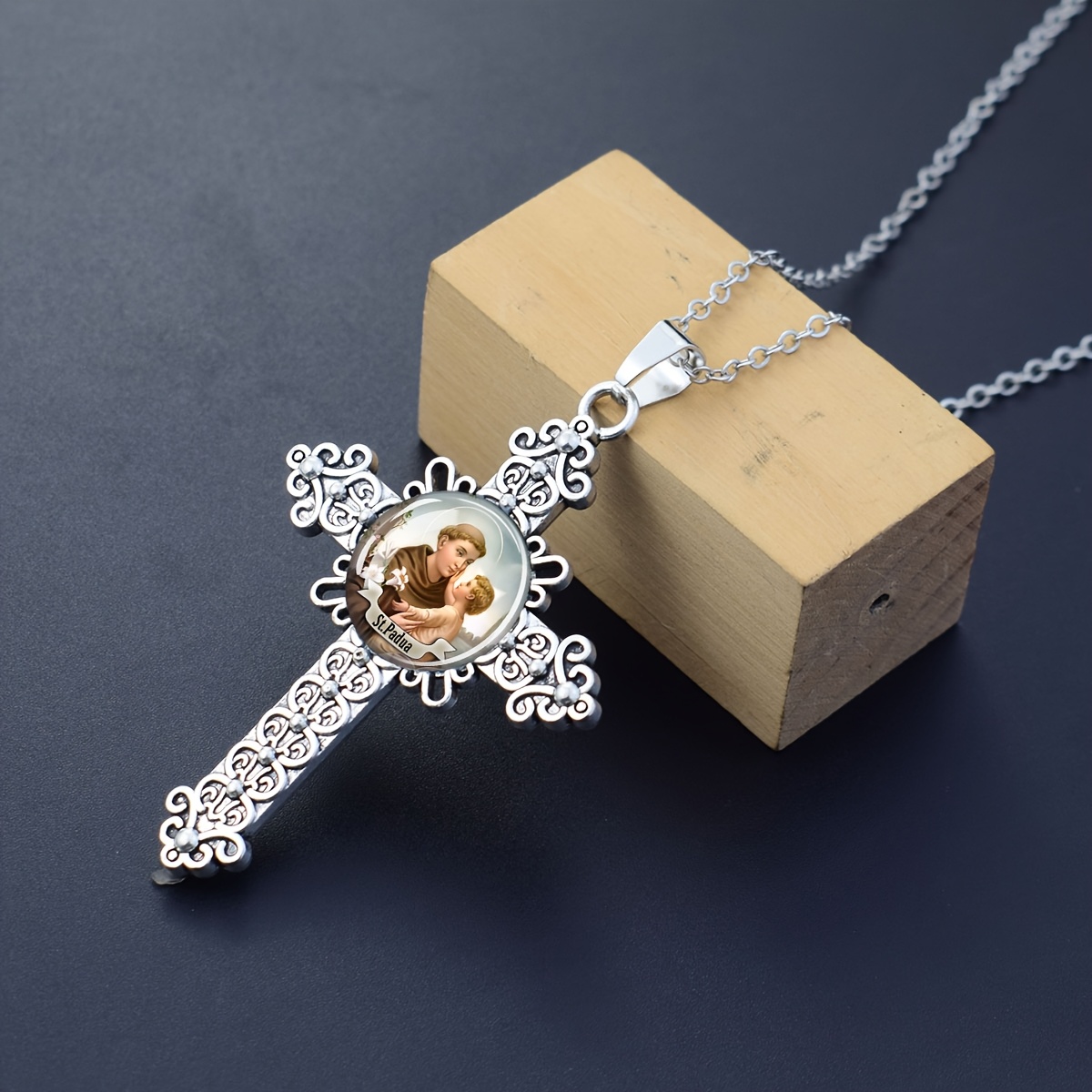 St Padua Religious Image Glass Cross Chain Necklace